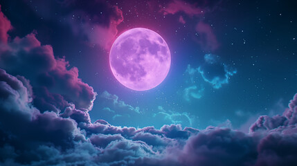 Pink Full Moon in Dark Purple and Blue Cloudy Sky