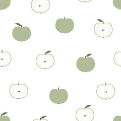 Seamless pattern of cute minimalist green apples with leaves