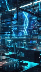Fototapeta premium Futuristic Biotechnology Lab with Scientists Synthesizing Artificial DNA for Genetic Research