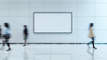 Minimalist Modern Indoor Scene with Blurred Motion of People Passing a White Concrete Wall and Empty Frame in a Luxurious Setting