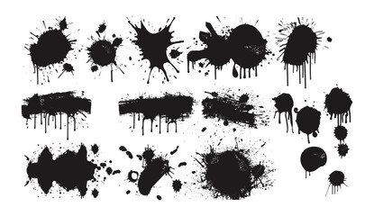 Spray graffiti element set, vector splatter brush drip kit, freehand urban street grunge. Cool handwriting stain splash, messy ink stroke circles and dark splatter. Urban graffiti design, street art 