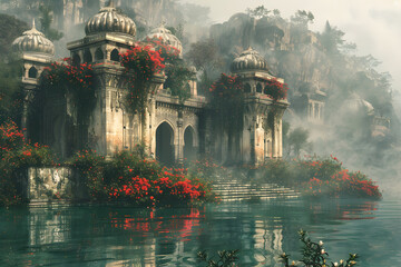 The Hanging Gardens of Babylon, one of the Seven Wonders of the Ancient World, depicted in a majestic and detailed landscape. This historic scene showcases the lush greenery and architectural marvel o