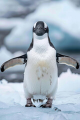 Obraz premium Penguin standing on ice, looking cheerfully at the camera