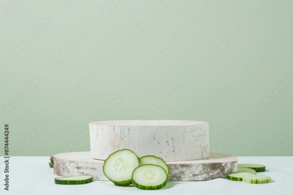 Poster Modern Minimalist Wooden Podium with Fresh Cucumber Slices on Gradient Background for Elegant Product Display
