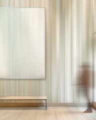 Tranquil Indoor Scene with Motion Blur of Passersby Near Minimalist Pastel Wall and Wooden Floor