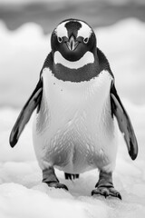 Penguin standing on ice, looking cheerfully at the camera