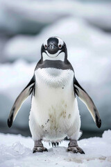 Penguin standing on ice, looking cheerfully at the camera