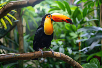 Obraz premium Toucan perched on a branch, its colorful beak vibrant against green leaves
