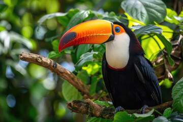 Toucan perched on a branch, its colorful beak vibrant against green leaves