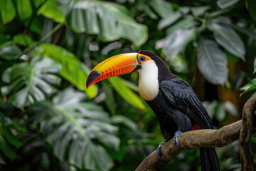 Toucan perched on a branch, its colorful beak vibrant against green leaves