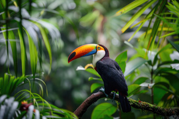 Obraz premium Toucan perched on a branch, its colorful beak vibrant against green leaves