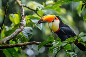 Obraz premium Toucan perched on a branch, its colorful beak vibrant against green leaves