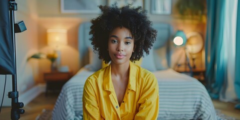 African American woman in yellow pajamas creating vlog content at home. Concept Vlogging, Lifestyle Content, Home Studio Setup, African American Representation, Yellow Pajamas