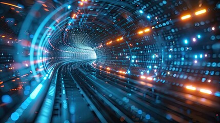 Futuristic digital tunnel with glowing blue lights