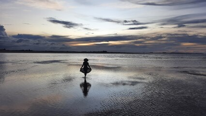 Naklejka premium silhueta de mulher com vestido e chapéu na beira de praia com reflexo na água durante pôr do sol 