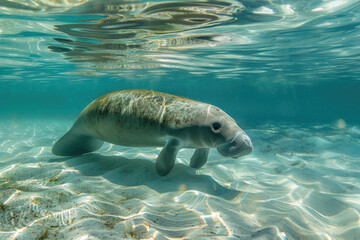 Manatee gliding slowly through clear, calm water