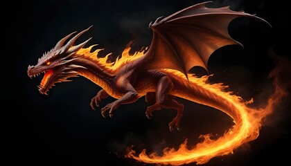 Obraz premium Beautiful fire dragon flying in air behind dark background