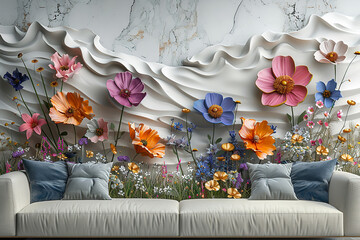 A stunning 3D mural illustration with vibrant flowers blooming against a pristine white background, framed by elegant wallpaper.

