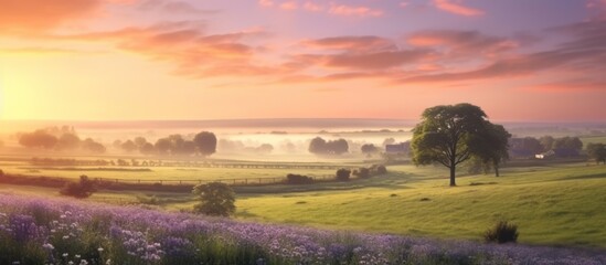 Fototapeta premium Tranquil Sunrise Over a Misty Meadow