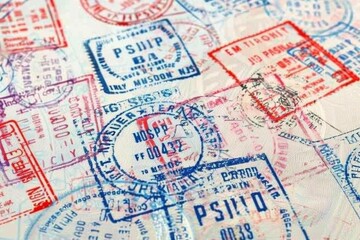 A colorful passport filled with stamps from exotic destinations around the world, showcasing a traveler's exciting adventures. The illustration highlights the beauty of exploration and discovery.