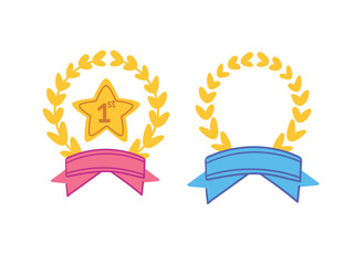 Star shaped golden medal with 1st place and laurel branch. Around the star, there are several stars creating a sense of sparkle vector illustration
