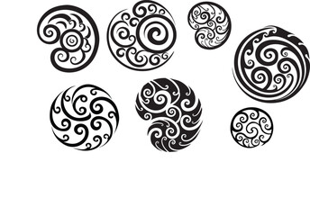 A set of Maori style koru spiral swirls, icon minimalist style. Vector illustration. Isolated on transparent background. 