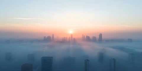 Fototapeta premium City sunrise obscured by smog captured in aerial drone shot. Concept Cityscapes, Sunrises, Aerial Photography, Pollution, Environmental Issues
