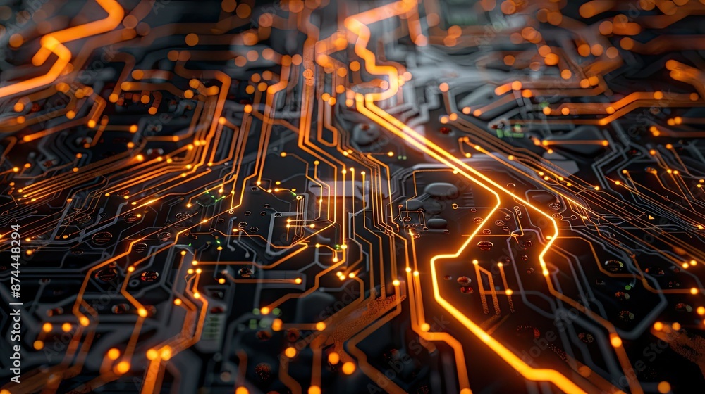 Poster futuristic circuit board with pulsating energy lines