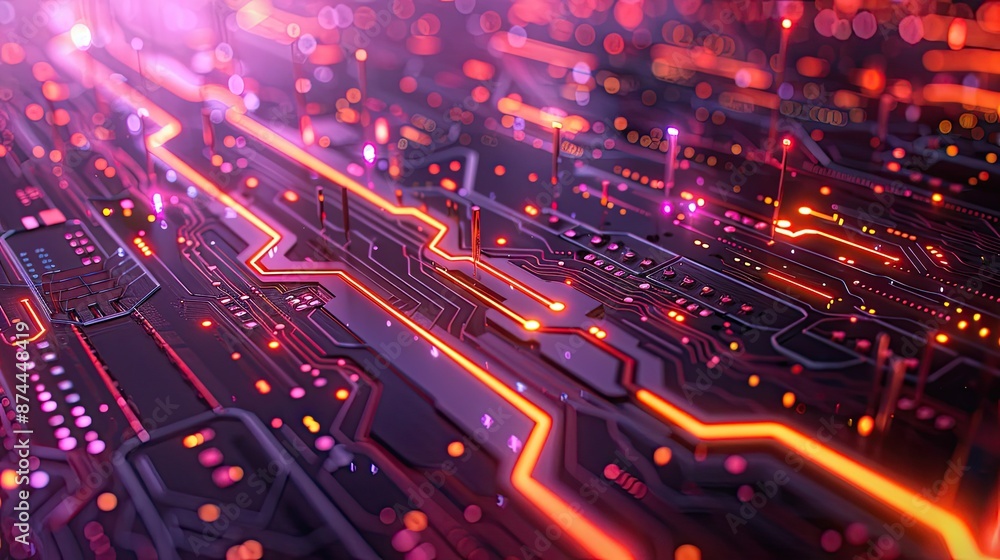Poster futuristic circuit board with pulsating energy lines