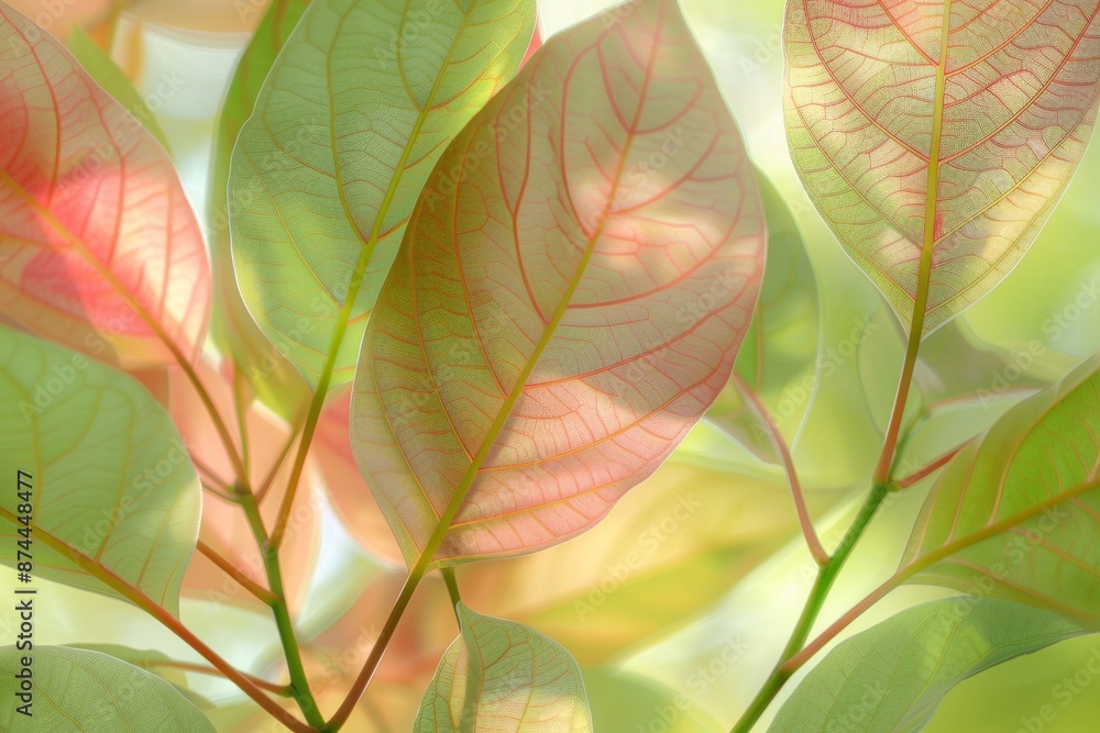 Poster sun-kissed guava leaves in close-up a vibrant display of textured green foliage with soft light filt