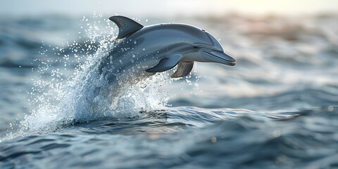Fototapeta premium A 3D image of a friendly dolphin leaping out of water. Concept Ocean Wildlife, Marine Animals, Aquatic Scenes, Wildlife Photography, 3D Renderings