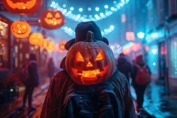Naklejka premium Person Wearing Lit Jack O' Lantern Mask Walking Through City Street at Night