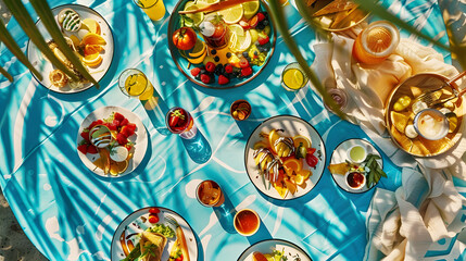 Fototapeta premium An electric blue picnic table adorned with plates of food and drinks, creating a visual art piece resembling a painted pattern drawing under a glass ceiling at a circle event