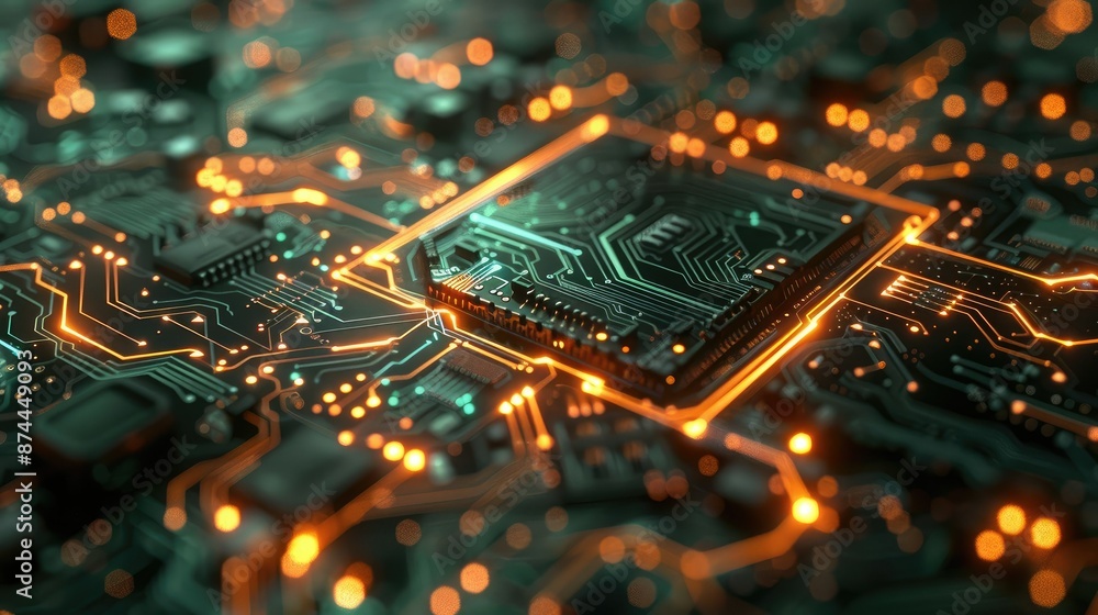 Poster Futuristic circuit board with pulsating energy lines