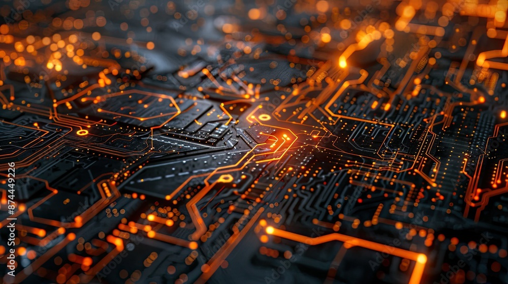 Poster futuristic circuit board with pulsating energy lines