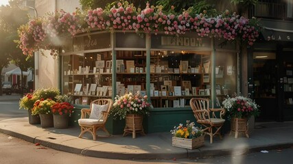 bookstore on the side of the road with flower decorations in the afternoon, seamless looping 4k video animated background - Powered by Adobe