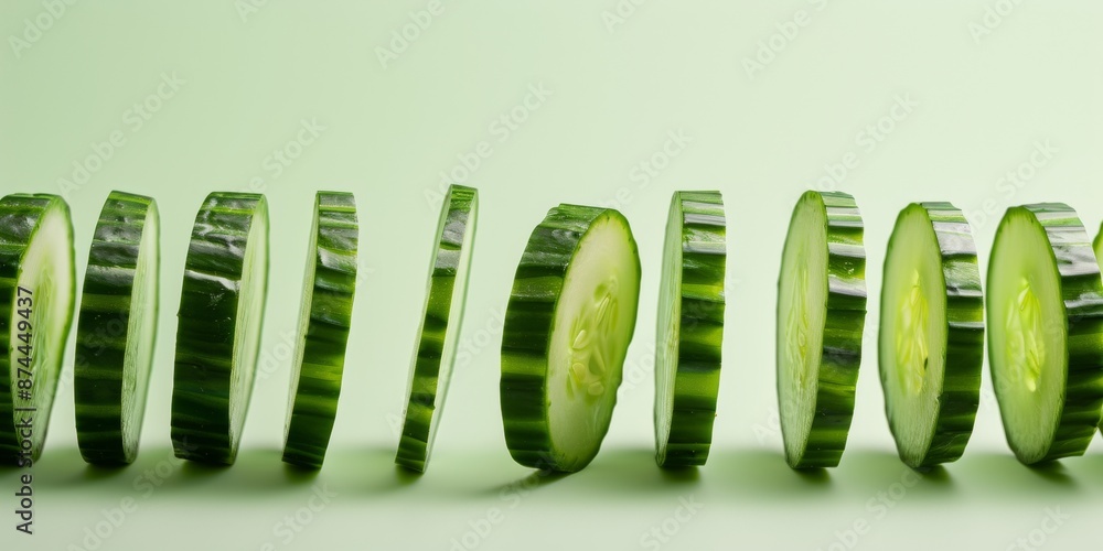 Poster Abstract Symmetrical Composition of Cucumber Slices on a Vibrant Green Background Using Long Exposure Photography