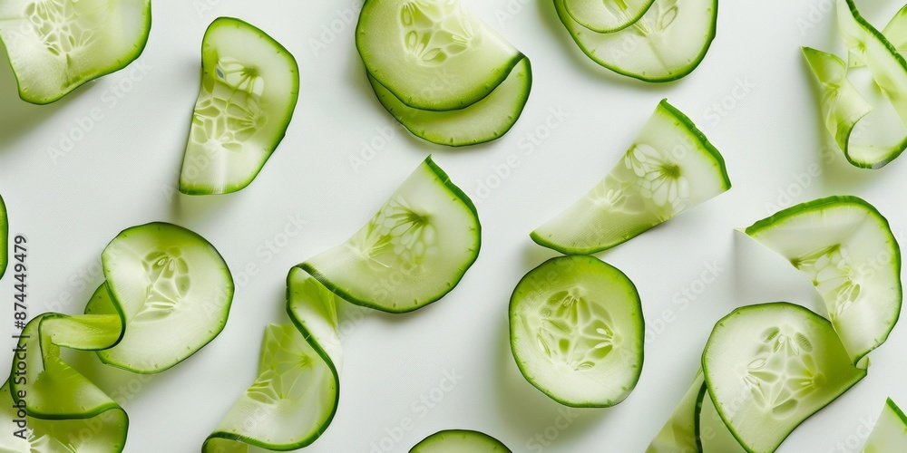 Poster Abstract Art of Cucumber Slices on White Background Symmetrical Composition with Vibrant Green Tones and Blurred Image Effect Using Long Exposure Technique