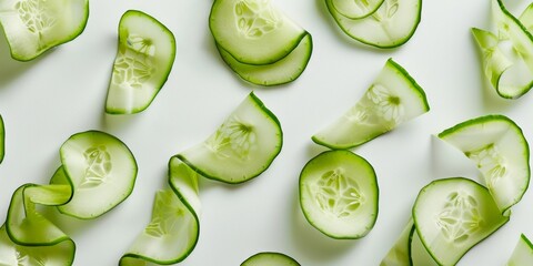 Abstract Art of Cucumber Slices on White Background Symmetrical Composition with Vibrant Green Tones and Blurred Image Effect Using Long Exposure Technique