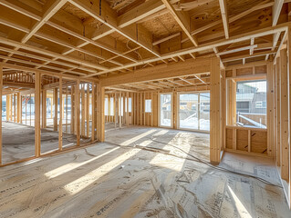 Fototapeta premium Interior of a house under construction with wooden beams