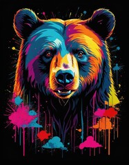 Colorful and bold illustration of a bear, featuring a dynamic mix of vibrant hues in a splatter pattern