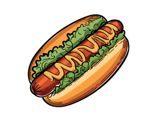 Hand drawn colored hot dog sketch with sausage and sauce vector illustration isolated on white background