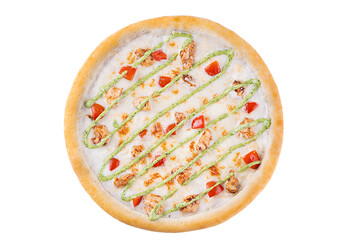 Top Selling Pizza with Chicken and Pesto Sauce on a White Background