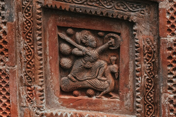 Beautiful details and bas reliefs of ancient Hindu Pancharatna Temple (Temple of the Five Jewels) in Puthia Bangladesh