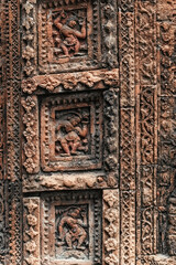 Beautiful details and bas reliefs of ancient Hindu Pancharatna Temple (Temple of the Five Jewels) in Puthia Bangladesh