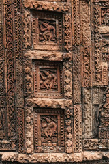 Beautiful details and bas reliefs of ancient Hindu Pancharatna Temple (Temple of the Five Jewels) in Puthia Bangladesh