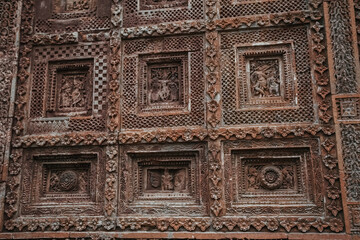Beautiful details and bas reliefs of ancient Hindu Pancharatna Temple (Temple of the Five Jewels) in Puthia Bangladesh