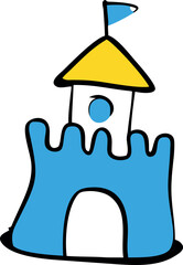 Whimsical hand-drawn blue castle with yellow roof, child's imagination and creativity.