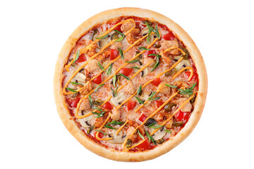 tom yam pizza on a white background.