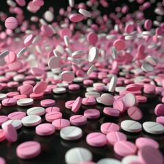falling white pills isolated on black